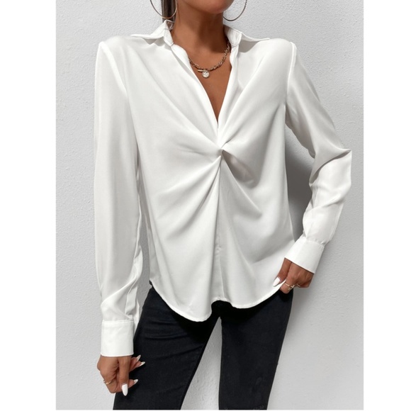 Twist Front White Office Shirt Long Sleeve Collar Neckline V-Neck - Picture 6 of 10
